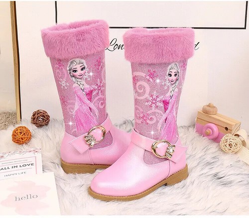 Girls Elsa Princess Winter Warm Long Snow Boots Fur Lined Sequins Shoes Size - Picture 7 of 30
