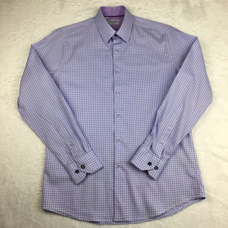 Camisa de vestir Duchamp para hombre 15,5-azul medio y púrpura a cuadros ajuste a medida Foto 4 de 4