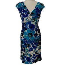 Ralph Lauren Cap Sleeves Empire Waist Cocktail Dress SZ 8 Blue Green Faux Wrap