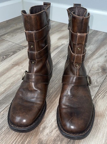 Born CINCY Boots Size 6 Brown Leather Moto Harness Leather Buckle Mid Shaft 7.5 - Picture 2 of 9
