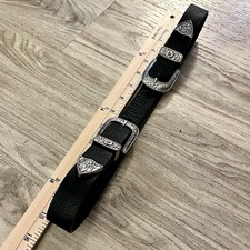 Western Double Buckle Belt Black Faux Leather Silver Engraved Y2K Sz S 30