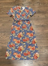 Jessica Howard Petites 10 Blue Floral Linen Blend Midi  Dress Grannycore