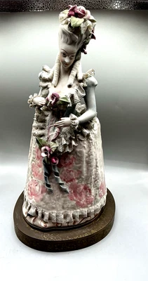 Large Vintage Dresden Style Porcelain Lace Figurine on Brass Lamp Display - Image 1 of 4
