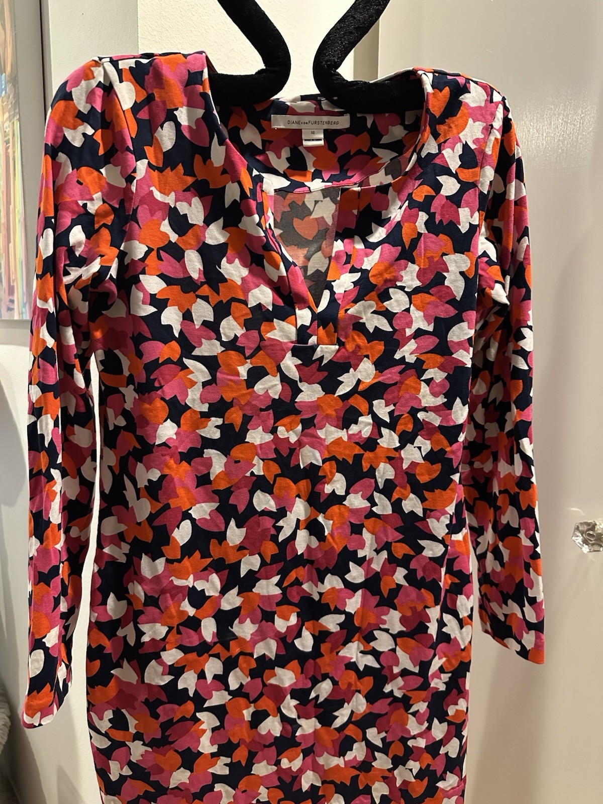 DVF Diane von Furstenberg Cotton V-Neck Pullover Dress, sz 10, petite length