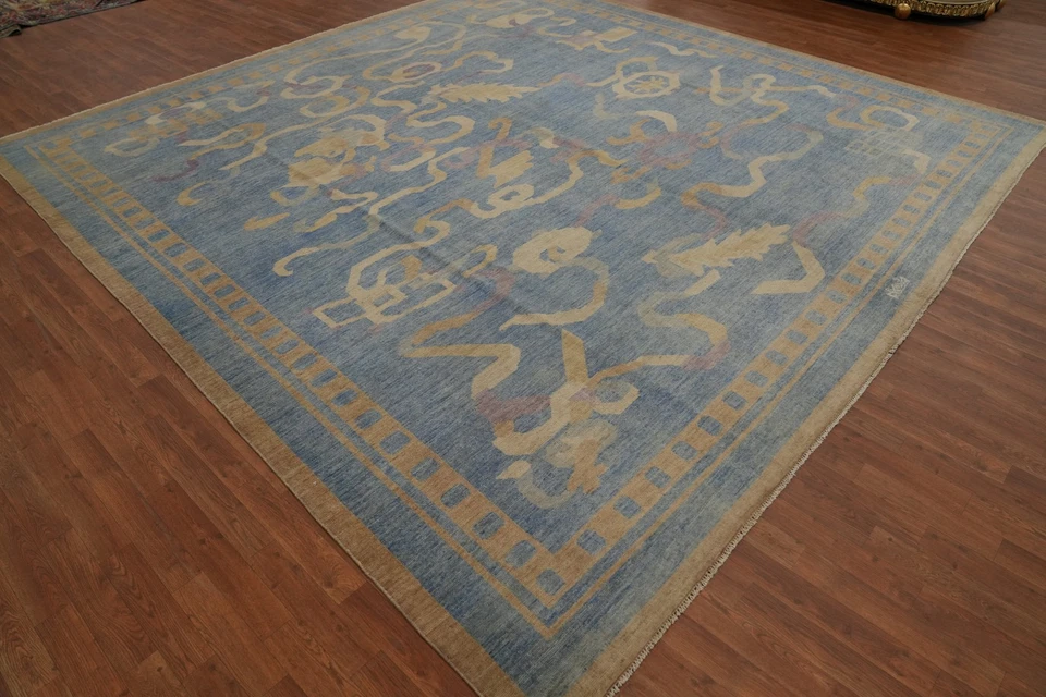 Transitional Oriental Blue Handmade Ziegler Vegetable Dye Large Rug 12x12 Ft - Image 4 of 4