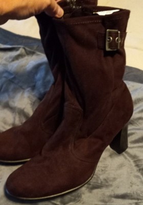 Predictions Brown Faux Suede Boots Sz 7.5 Zip Ankle  Adj. Buckles 3'' Heels