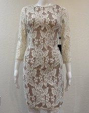 Adrianna Papell Romantic White Lace Sheath Dress with Nude Lining Size 2