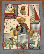 VTG Blue Jean Teddy Crib Bedding Blanket Comforter Bunny Boat Blocks EUC 40 32  
