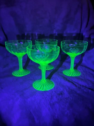 4 green champagne depression glass  uranium glasses