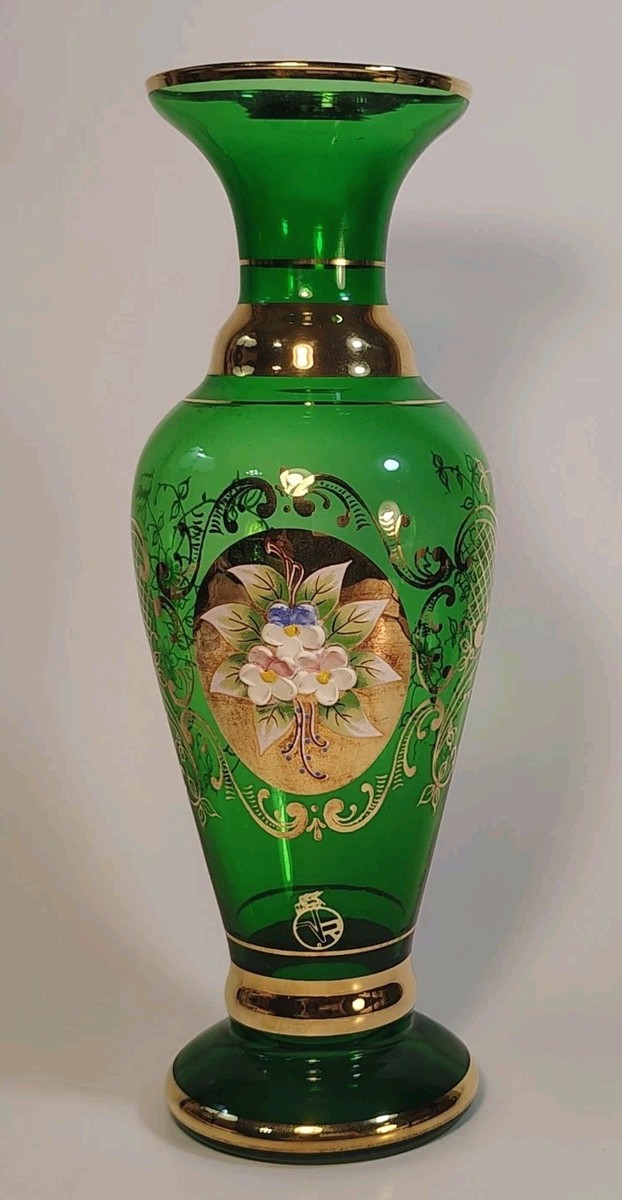 置物 Murano Italy Antique Vtg Italy Vecchia Murano 24 K Gold Gilt Hand Blown Floral Green