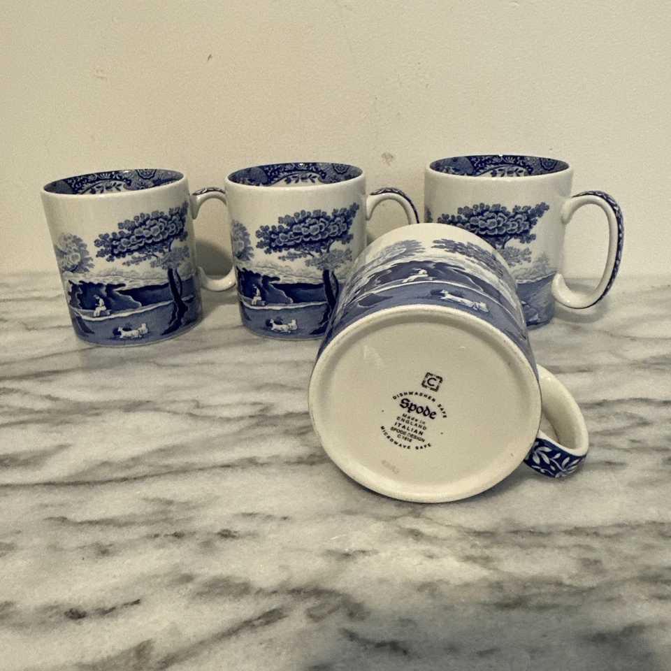 Spode Blue Italian 9 oz Coffee Mugs Set of 4 Blue & White Country Scenes NWOT - Image 4 of 4
