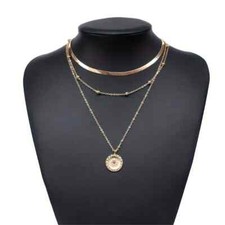 Three Layered Gold Coloured Lotus Pattern Pendant Necklace Silver Plated