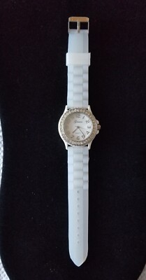 Geneva Silver Tone Watch Crystal Bezel White Dial Rubber Band 6''- 8'' New Battery
