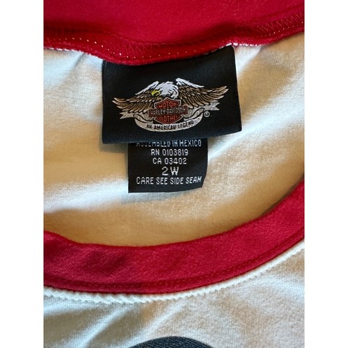 Harley Davidson Women’s Baseball Shirt Top Red Off White Plus Size 2W Rhinestone - Picture 9 of 12