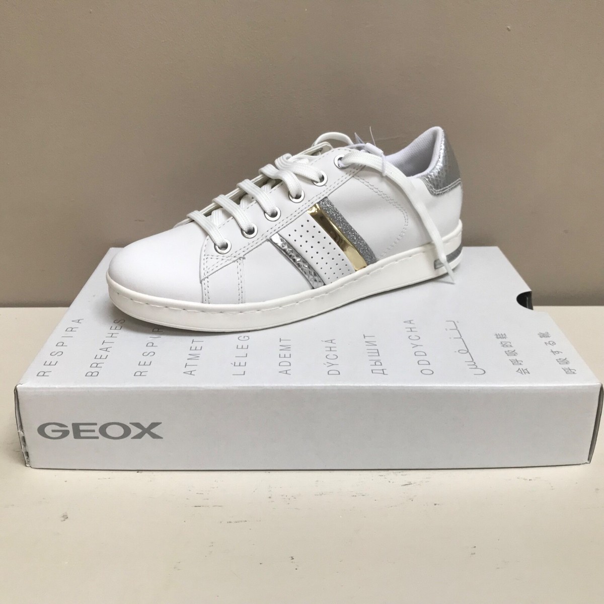 Geox Jayden white/gold/silver lace up trainers UK 3/EU 36/US