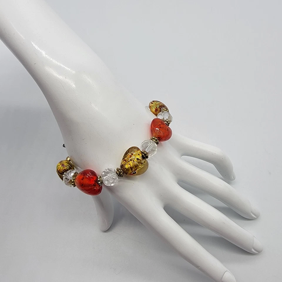 Pulsera Corazón Láminado Vidrio Cuentas Rojo Amarillo Boho Lindo Divertido Bronce 7.25" Foto 2 de 4