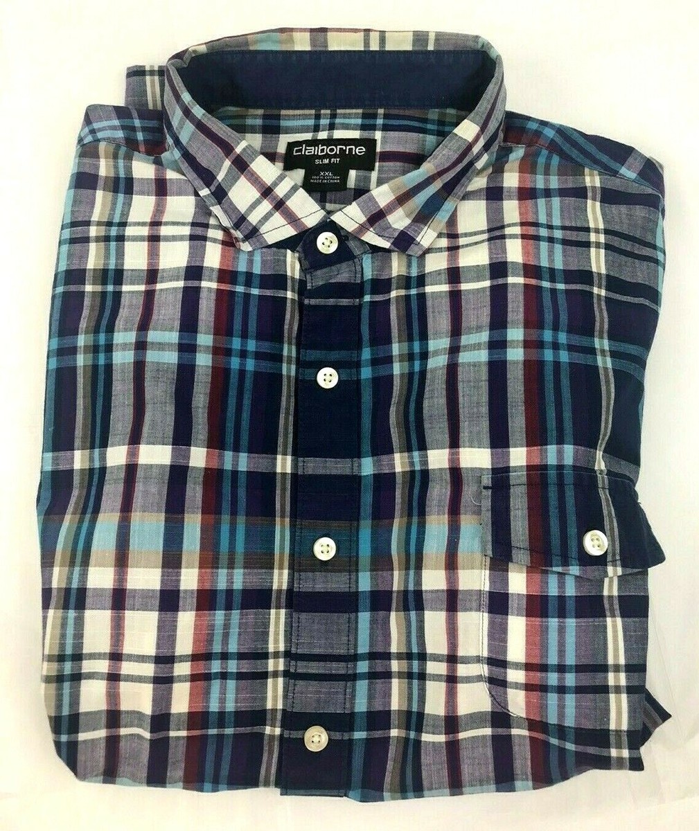 claiborne slim fit mens dress shirts Claiborne Mens Big & Tall Indigo Plaid Classic Fit Stretch Woven Shirt LT, Men's, Purple
