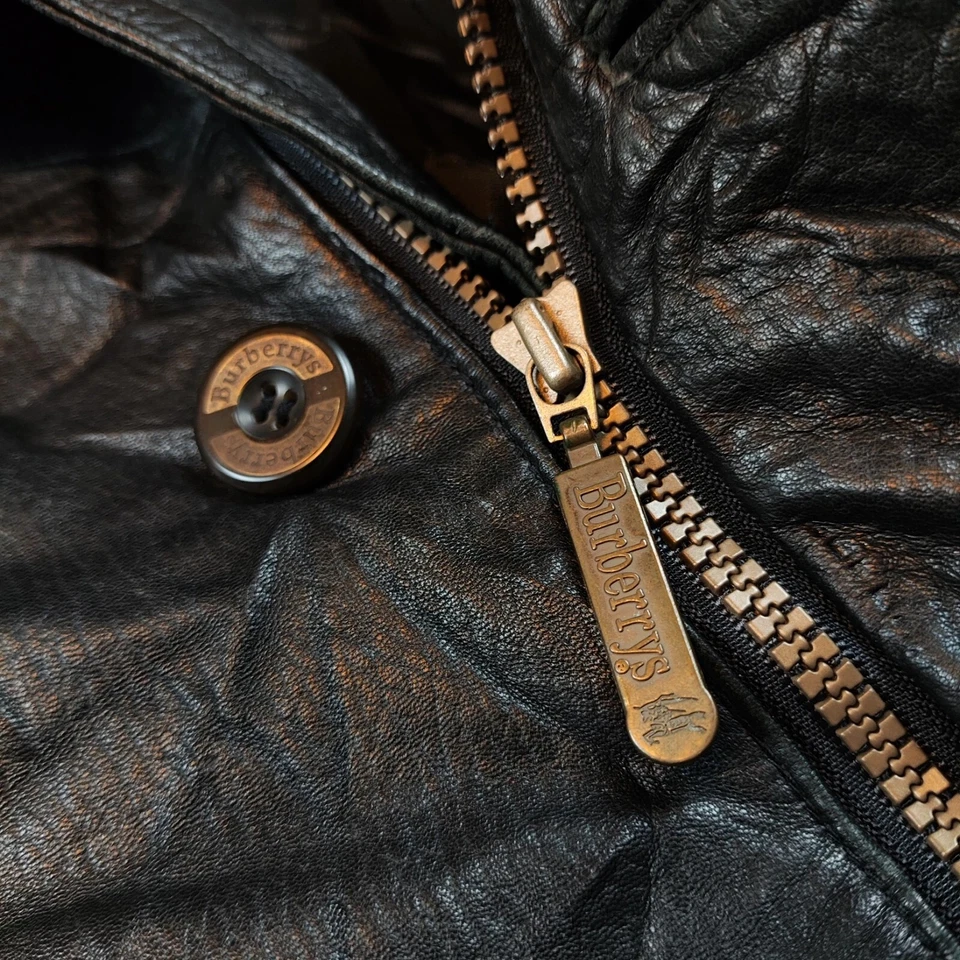 Vintage Burberry's Leather Jacket Mens 48 Black Full Zip Long Coat Outdoors 80s - Image 2 of 4