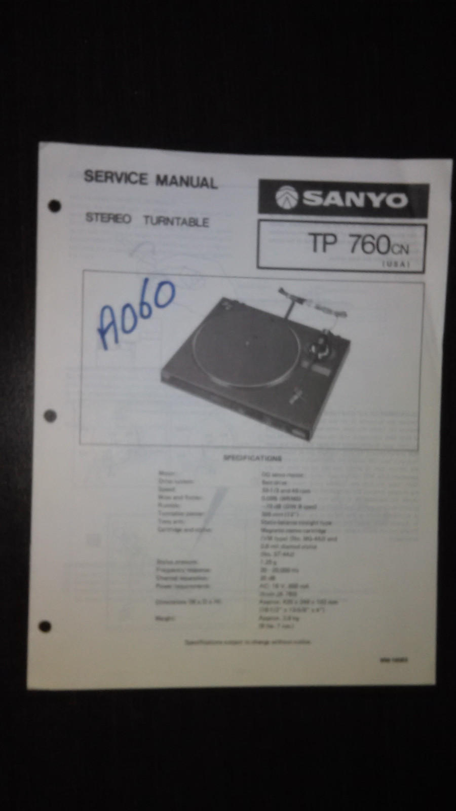 sanyo tp 760 cn Service Manual original repair stereo turntable record player
