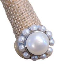 925 Sterling Cultured Freshwater White Pearls Bezel Flower Design Ring Size 6