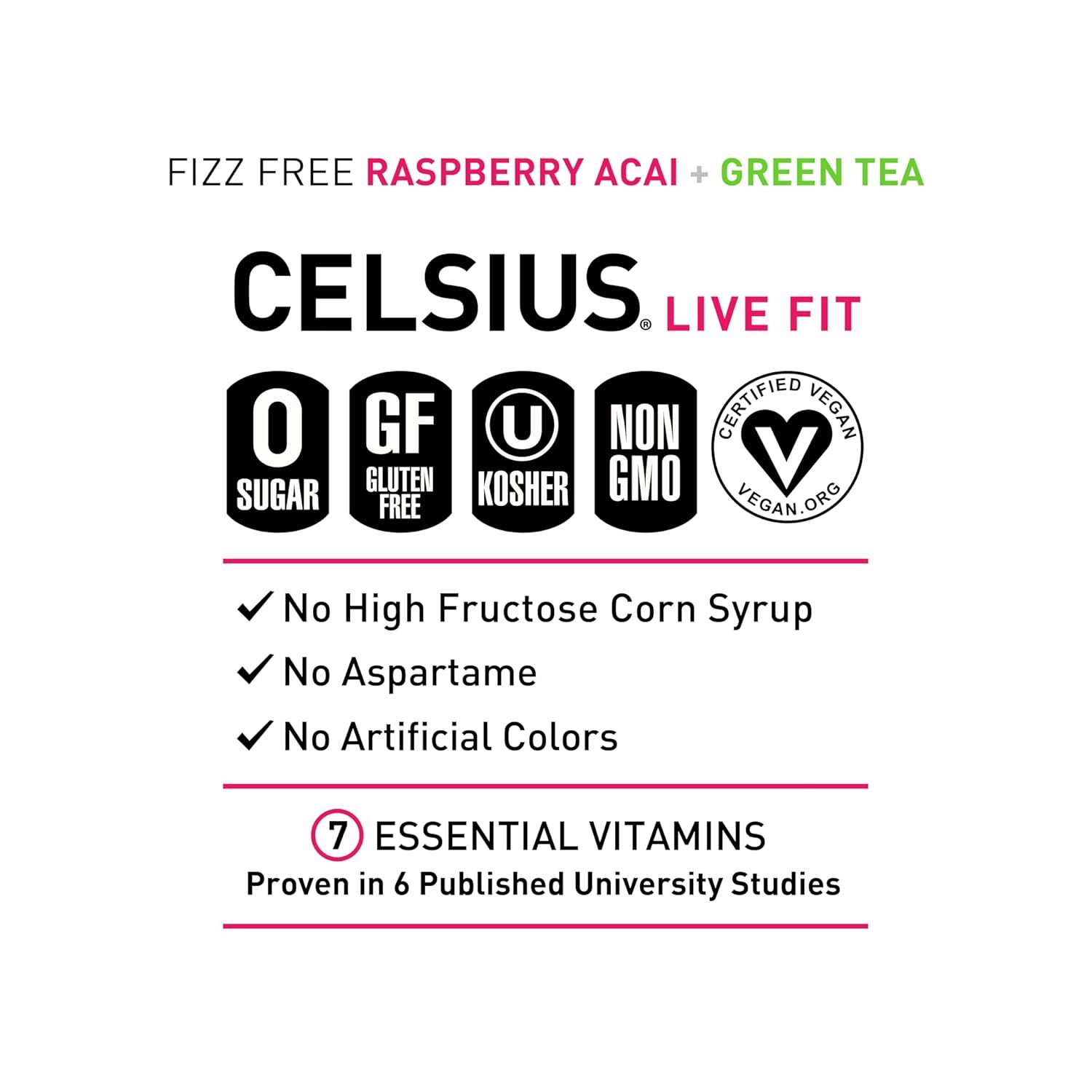CELSIUS Raspberry Acai Green Tea, Functional Essential Energy Drink 12 Fl, 12 Ct
