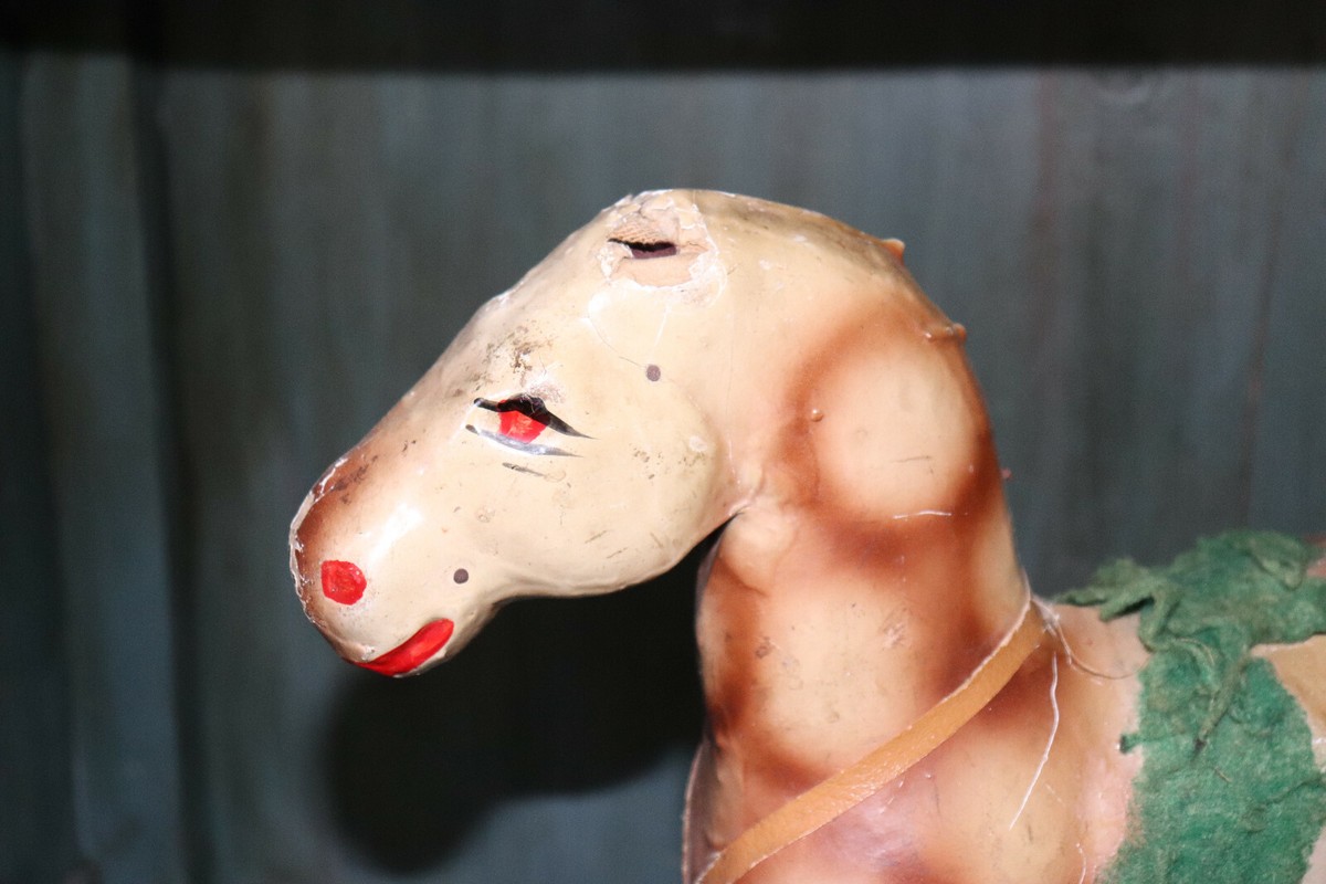 Jouet Ancien Cheval En Carton Bouilli à Tirer - Longueur 35 Cm, Sur Roulettes, Vintage Français