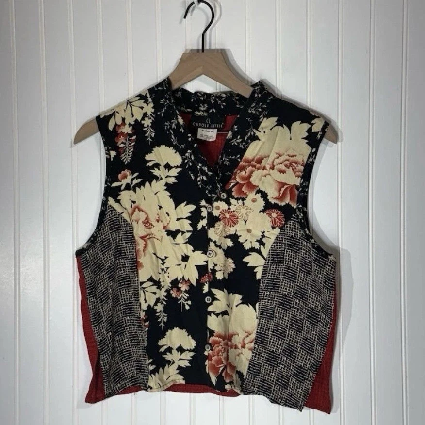 Carole Little 花卉纽扣衬衫 12 黑色红色上衣美国制造艺术穿波西米亚 — 第 2/4 张图片