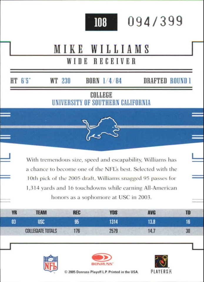 2005 Donruss Gridiron Gear #108 Mike Williams /399 - FB - Image 2 of 2