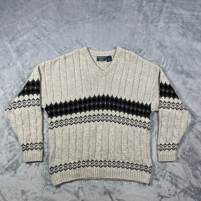 Vintage Trader Bay Mens Large V-Neck Cable Knit Fair Isle Sweater Oatmeal USA