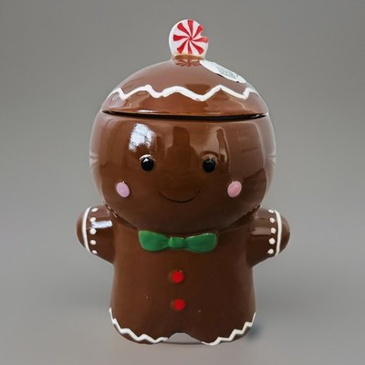 Christmas Gingerbread Ceramic Brown Cookie Jar By Lang Design RARE Hand painted