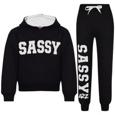 Kids Girls Tracksuit Sassy Print Black White Hooded Crop Top Bottom Jog Suits