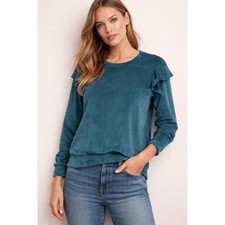 LC Lauren Conrad Sweatshirt Womens M Teal Romantic Soft Cozy Casual Core Ruffle