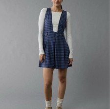 NWT American Eagle L Knit Pinafore Mini Dress In Navy Blue Plaid Academia