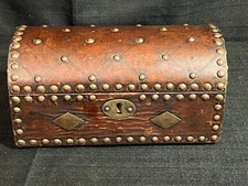 Vintage Leather Top Tack Studded Wooden Jewelry Chest Some Top Trunk Shaped Box