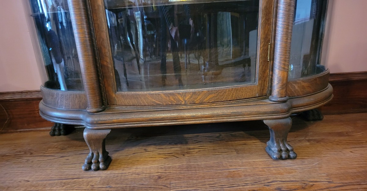 Antique Tiger Oak China Cabinet Curved Glass Sides & Door Winged