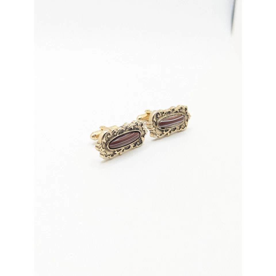 Vintage Shields Striped Red Stone Ornate Cuff Links Link Men Man Mans Wedding Gr - Image 2 of 4