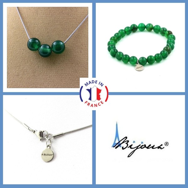 Schmuckset Armband Halskette 3 Perlen GrüNe Achat 8 Mm Kette In Pers GrößE-image
