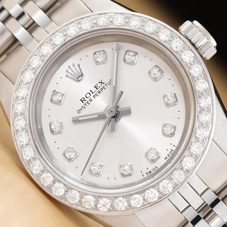 ROLEX LADIES OYSTER PERPETUAL 67230 SILVER DIAL STAINLESS STEEL DIAMOND WATCH