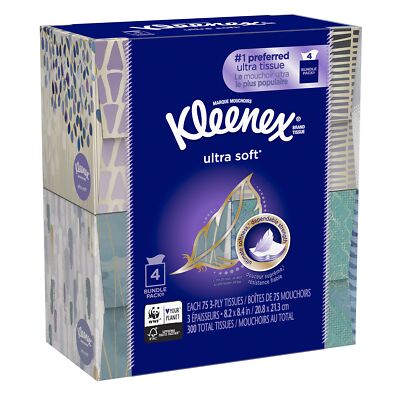 Kleenex Ultra Soft Facial Tissue 4 Pack 75 Sheets Per Cube Box Bulk Purchase
