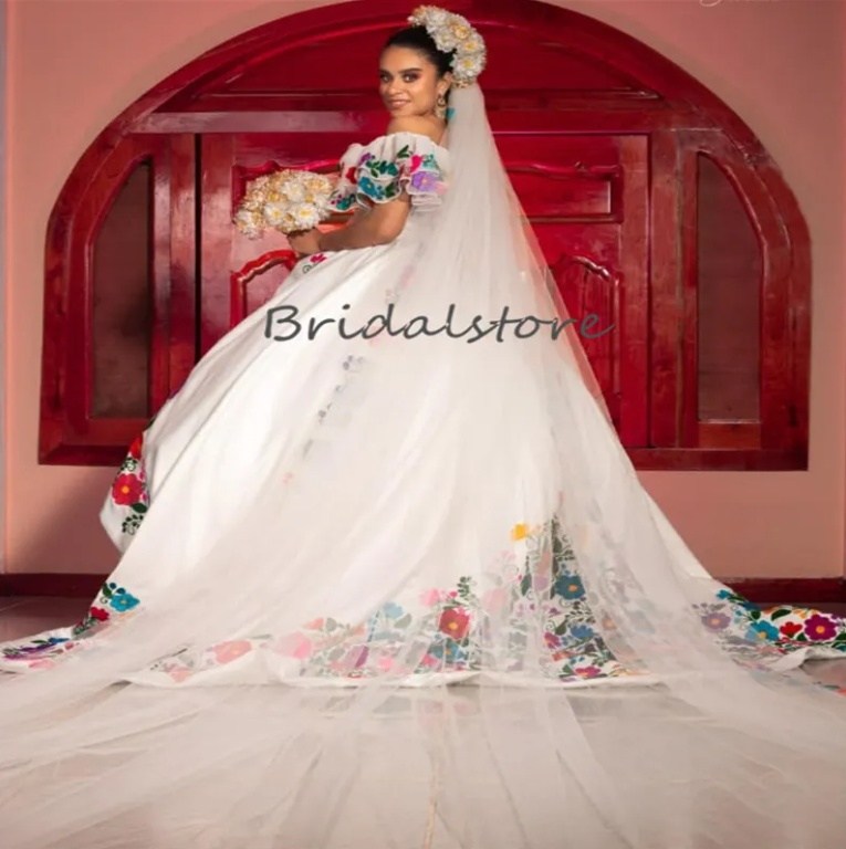 short mexican wedding dress Mexican Wedding Dresses Embroidered Off-Shoulder Short Sleeves Ball Gowns
