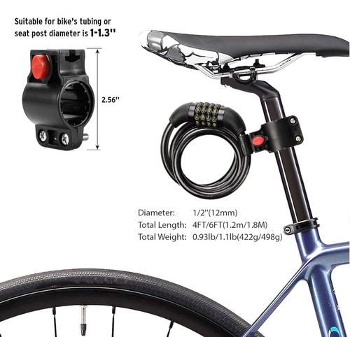 Ushake Bike Lock Cable Cable Basic Self Coiling Combination W/ Mounting Bracket - Picture 4 of 6