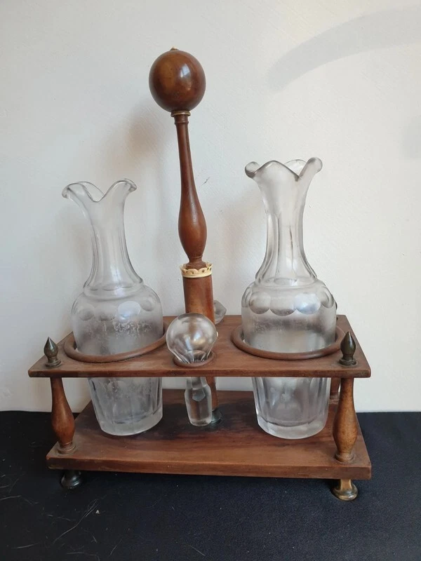 Ancien présentoir serviteur service huile et vinaigre complet set carafe - Photo 2/4