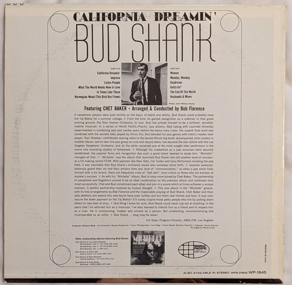 その他 LP Chet Baker &amp; Bud Shank Theme Music PJ2005 WORLD PACIFIC Japan /00260 Bud Shank CALIFORNIA DREAMIN' Chet Baker LP World Pacific WP-1845