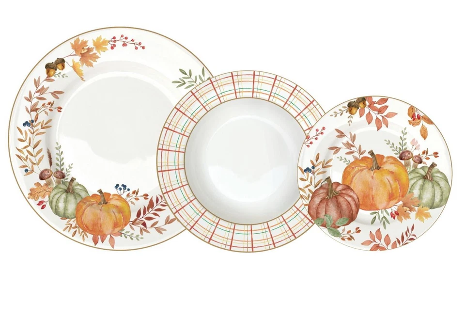 Tellerset 18tlg. HARVEST Herbst mit Blättern, Karos und Kürbismotiv Easy Life