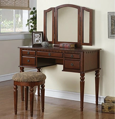 Cherry 3 pc Vanity Set Tri Mirror Wooden Table Stool Makeup Drawer