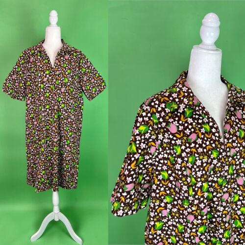 60s/70s Style Brown Pink Tulips House Coat - Vintage Repro Loungewear - XL, 1X