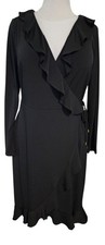 Thalia Sodi Black Long Sleeve Ruffle Wrap Dress Size M Deep Black Cocktail Party