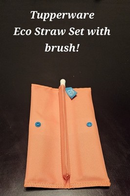 Tupperware Eco Straw Set of 4 with Cleaning Brush & Fabric Bag Orange & Blue
