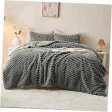 Fluffy Faux Fur Comforter Set, Plush Fuzzy Minky Queen Grid - Dark Grey