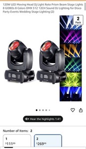2-Pack 120W LED Moving Head Light DMX512 12CH Sound Beam Gobo Pan/Tilt